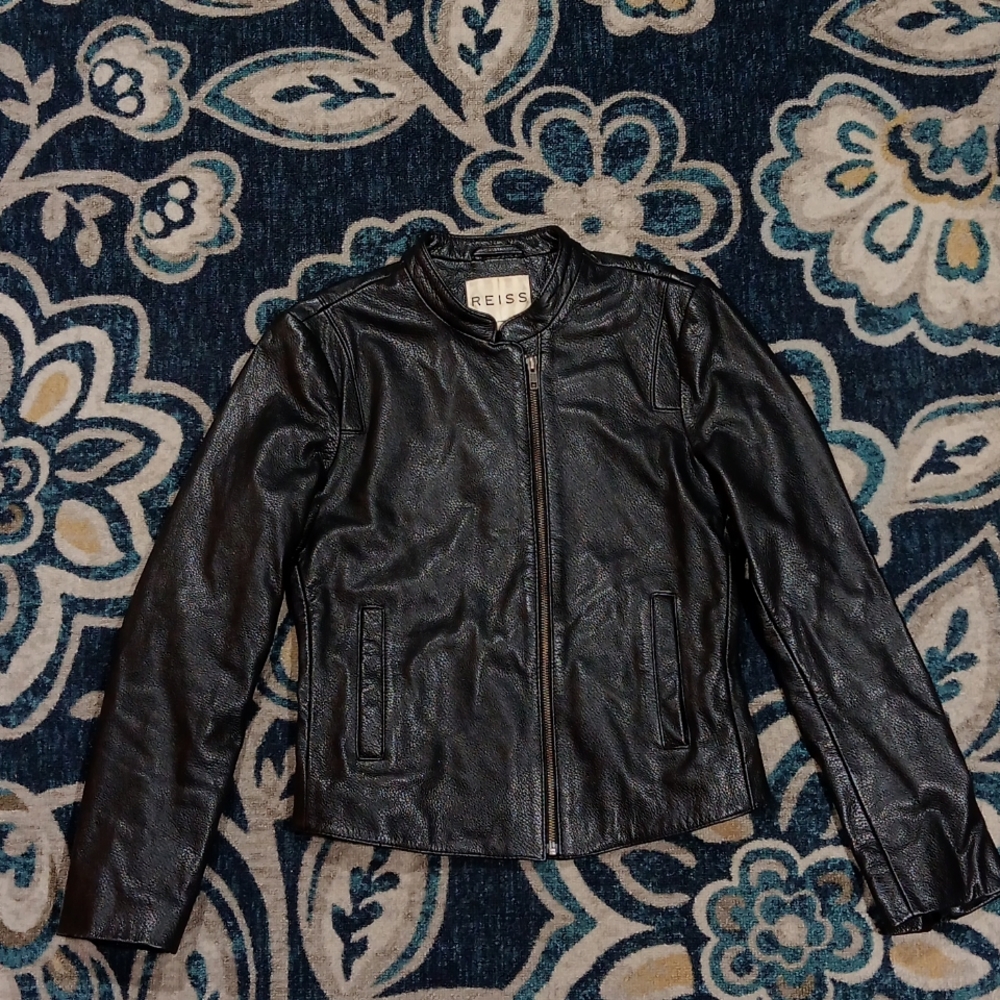 Reiss black leather moto classic biker jacket women's sz small - Picture 8 of 13
